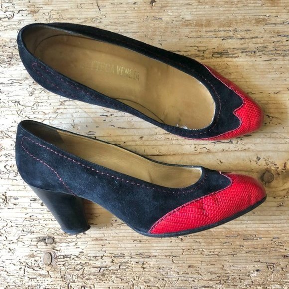 Vtg BOTTEGA VENETA Wingtip Snakeskin Leather Suede Contrast Stitch Heels 6.5 - Picture 4 of 16